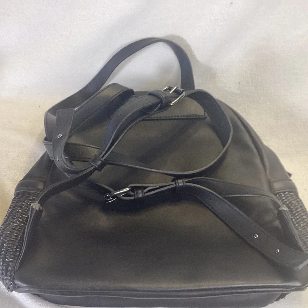 Simply Vera Vera Wang Black Woven Straw Faux Leather Mini Backpack Bag